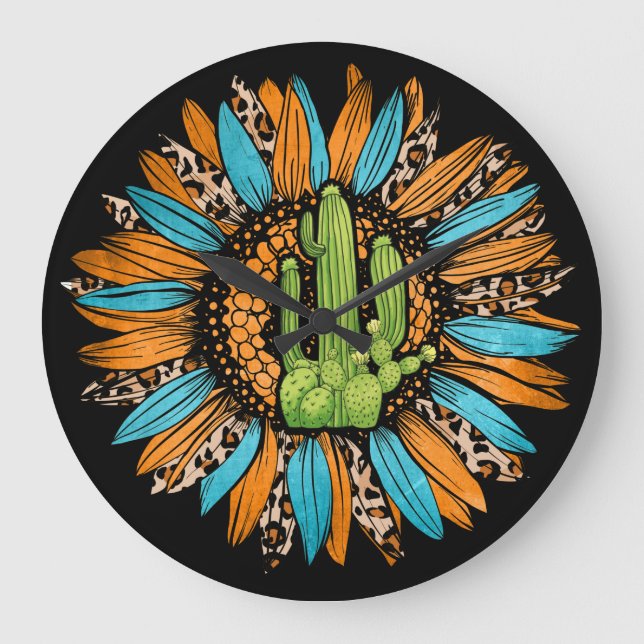 Texas Leopard Serape Cowhide Turquoise Sunflower Large Clock (Front)