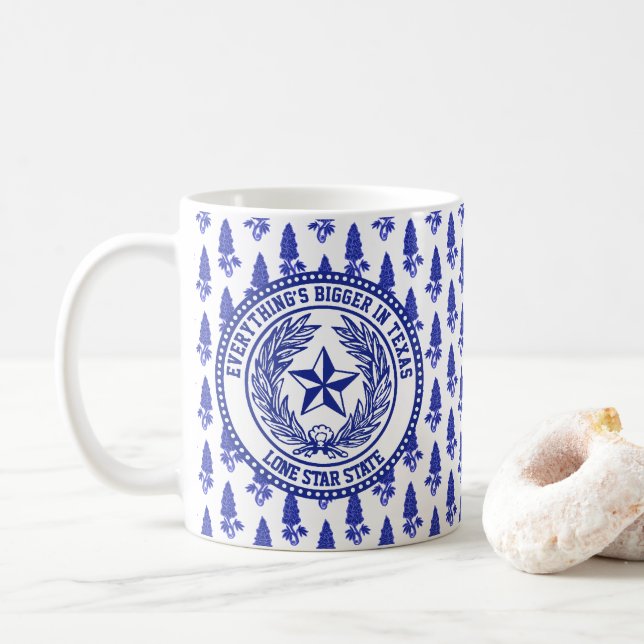 Texas Logo Bluebonnet Pattern Your Text Coffee Mug (With Donut)