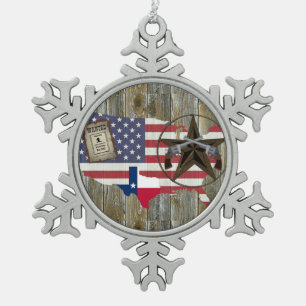 Texas Lone Star Duelling Pistols Most Wanted Sign Snowflake Pewter Christmas Ornament