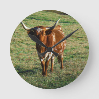 Texas Longhorn Cattle Cow Photo Rustic Round Clock
