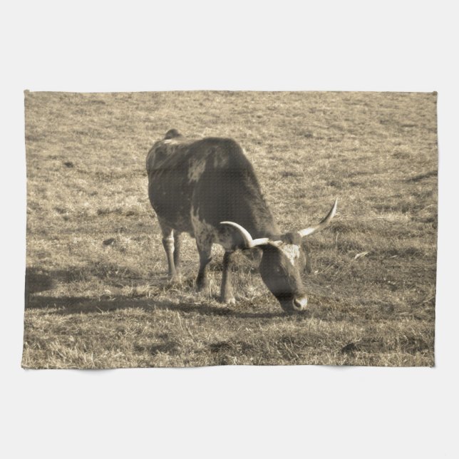 Texas Longhorn Cattle Cow  Photo Rustic Tea Towel (Horizontal)