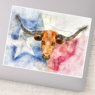 Texas Longhorn Cow and Flag Watercolor Print Art