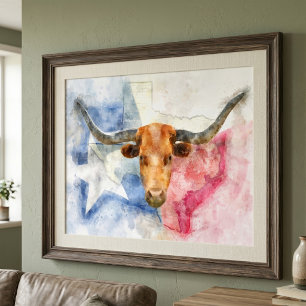 Texas Longhorn Cow and Flag Watercolor Print Art