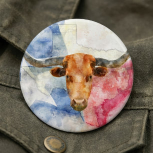 Texas Longhorn Cow and Flag Watercolor Print Art 6 Cm Round Badge