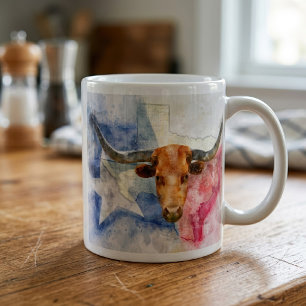 Texas Longhorn Cow and Flag Watercolor Print Art Coffee Mug