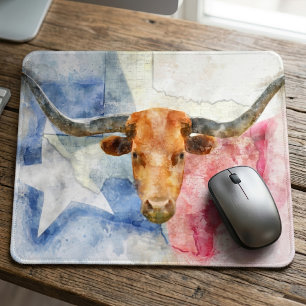 Texas Longhorn Cow and Flag Watercolor Print Art Mouse Pad