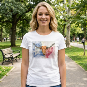 Texas Longhorn Cow and Flag Watercolor Print Art T-Shirt