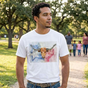 Texas Longhorn Cow and Flag Watercolor Print Art T-Shirt