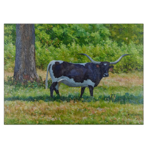 Texas Longhorn Cow Art Glass Cutting Board