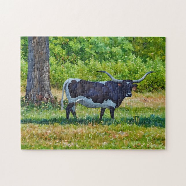 Texas Longhorn Cow Farm Style Art Puzzle (Horizontal)