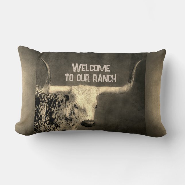 Texas Longhorn cow sepia distressed add your text  Lumbar Cushion (Front)