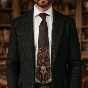 Texas Longhorn Lone Star Bronze Leather Filigree Tie