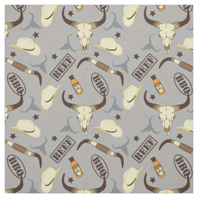 Texas Longhorn Skulls and Stetsons BBQ Patterned Fabric (Swatch)