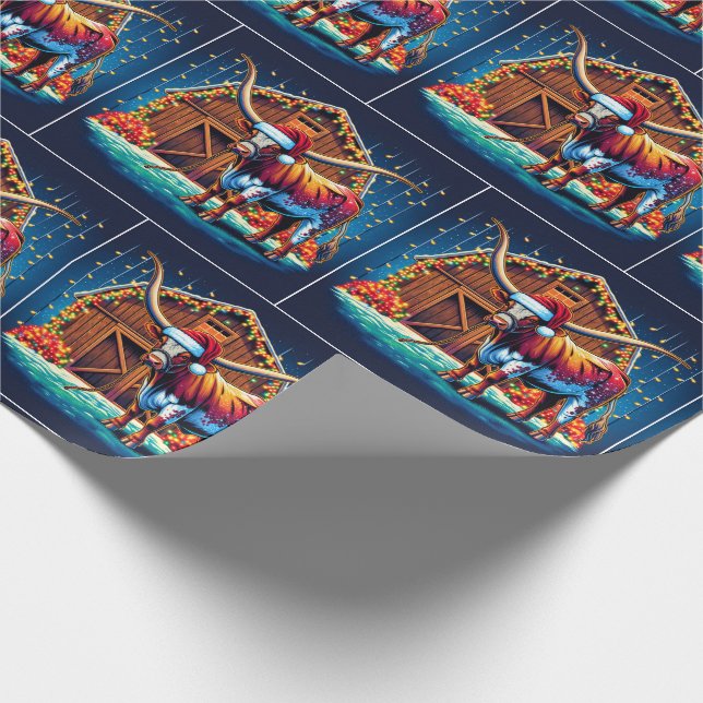 Texas Longhorn Standing By Christmas Barn Wrapping Paper (Corner)