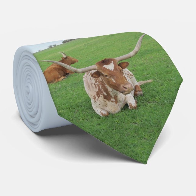 Texas Longhorn Steer In Field Print On Necktie (Rolled)