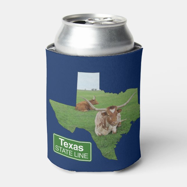 Texas Longhorn Steer State Line Sign Can Cooler (Can Front)
