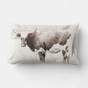 Texas longhorn vintage style cow sepia rustic lumbar cushion