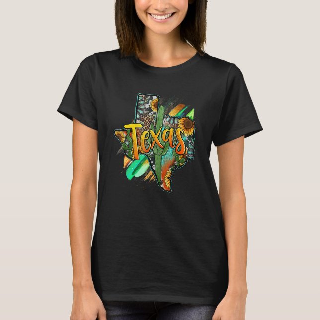 Texas Map Leopard Sunflower Texas Independence Day T-Shirt (Front)