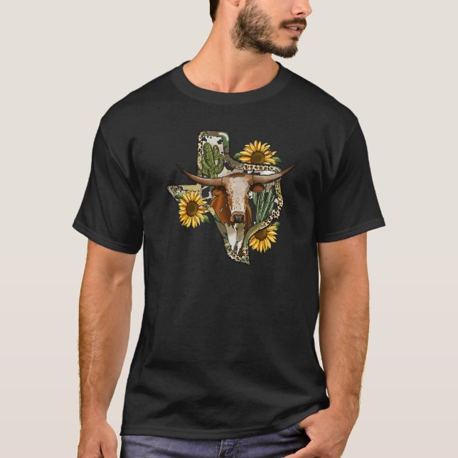 Texas Map Leopard Sunflower Western Texas Cow Long T-Shirt (Front)