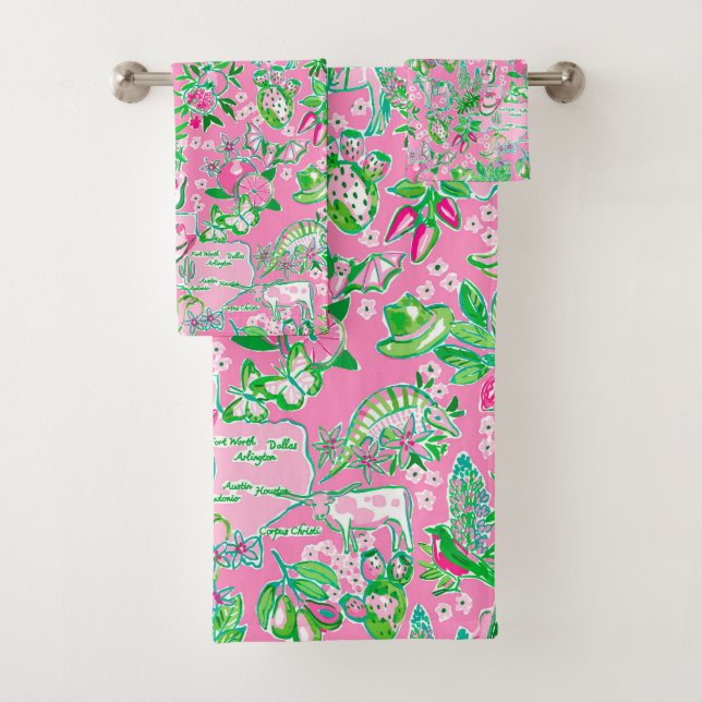 Texas Map Pink & Green Preppy Pattern Bath Towel Set (Insitu)