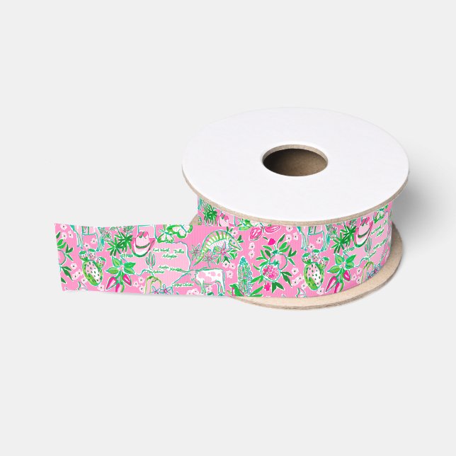 Texas Map Pink & Green Preppy Pattern Grosgrain Ribbon (Spool)