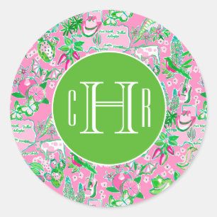 Texas Map Pink & Green Preppy Pattern Monogrammed Classic Round Sticker