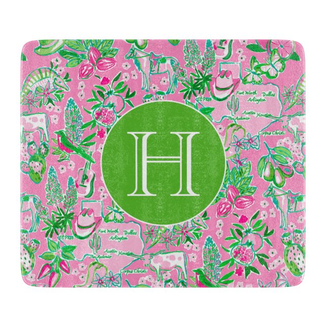 Texas Map Pink & Green Preppy Pattern Monogrammed Cutting Board (Front)