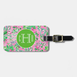 Texas Map Pink & Green Preppy Pattern Monogrammed Luggage Tag