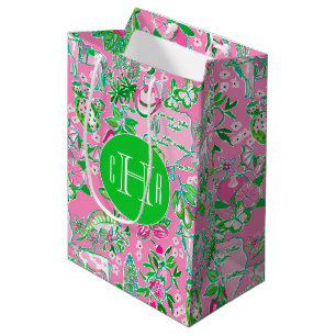 Texas Map Pink & Green Preppy Pattern Monogrammed Medium Gift Bag