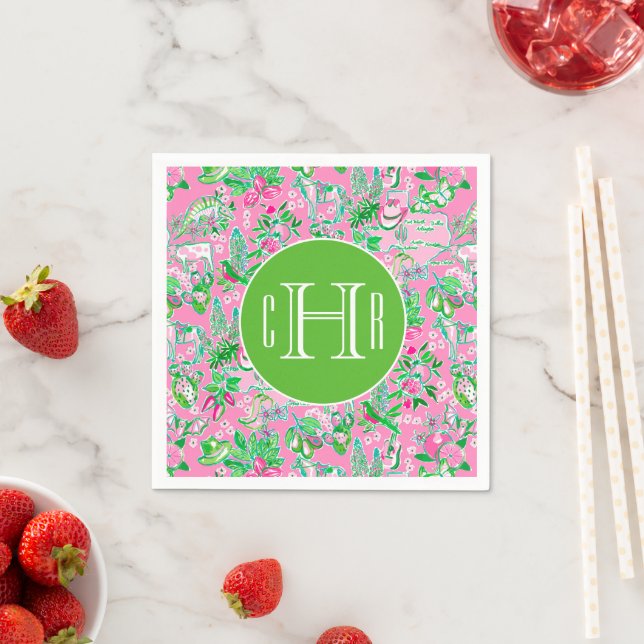 Texas Map Pink & Green Preppy Pattern Monogrammed Napkin (Insitu)