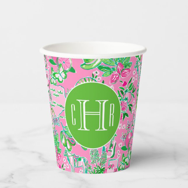 Texas Map Pink & Green Preppy Pattern Monogrammed Paper Cups (Front)
