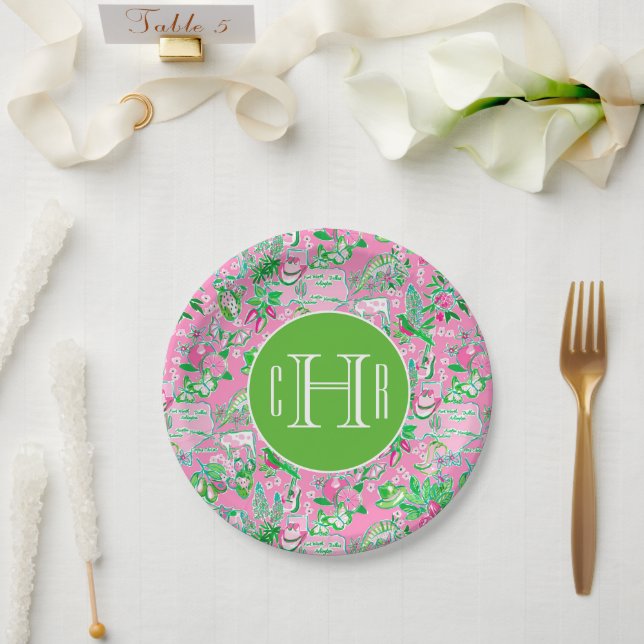 Texas Map Pink & Green Preppy Pattern Monogrammed Paper Plate (Wedding)