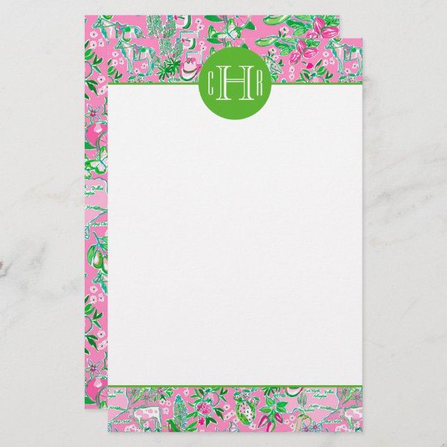 Texas Map Pink & Green Preppy Pattern Monogrammed Stationery (Front/Back)