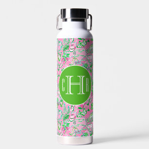 Texas Map Pink & Green Preppy Pattern Monogrammed Water Bottle