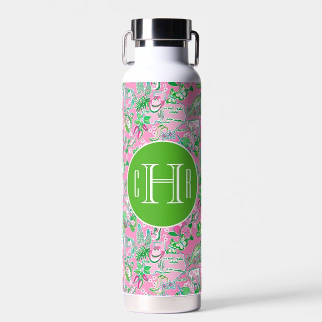 Texas Map Pink & Green Preppy Pattern Monogrammed Water Bottle (Front)