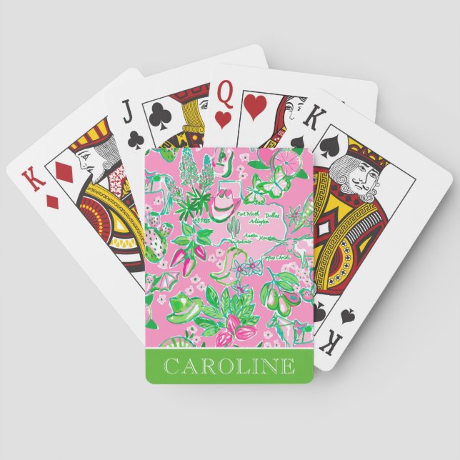Texas Map Pink & Green Preppy Pattern Personalised Playing Cards (Back)