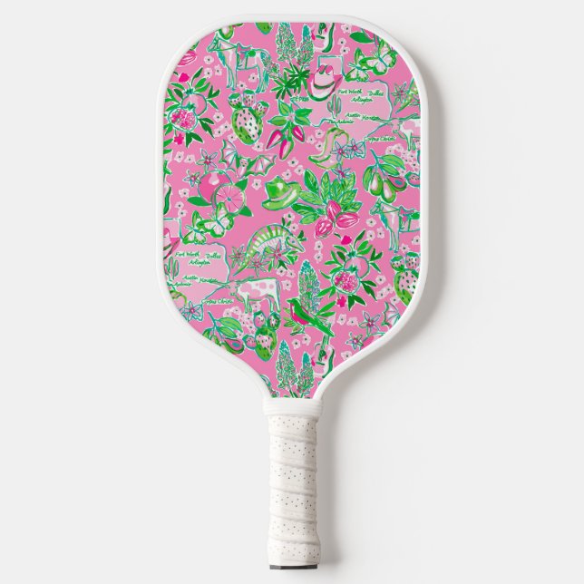 Texas Map Pink & Green Preppy Pattern Pickleball Paddle (Front)
