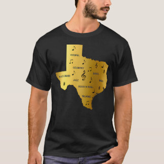 Texas Music Notes And Genres In A Gold Texas State T-Shirt
