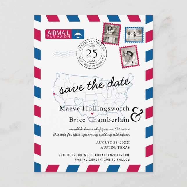Texas Northern California Airmail Save the Date Announcement Postcard (Front)