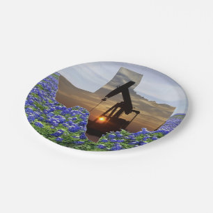 Texas Oil Pump Jack At Sunset On Bluebonnets Paper Plate