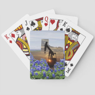 Texas Oil Pump Jack At Sunset On Bluebonnets Playing Cards