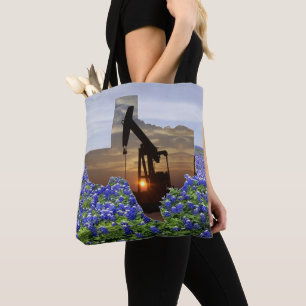 Texas Oil Pump Jack In Bluebonnets Tote Bag