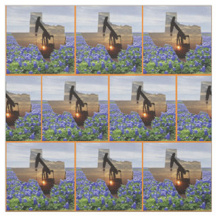 Texas Oil Pump Jack Sunset and Bluebonnets Border Fabric