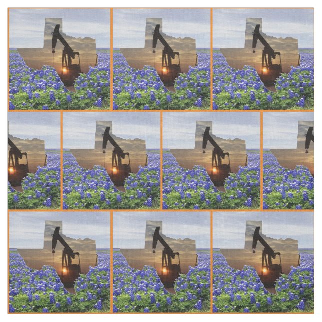Texas Oil Pump Jack Sunset and Bluebonnets Border Fabric (Swatch)