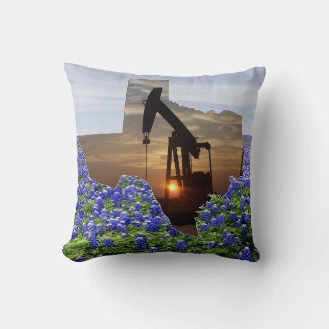 Texas Oil Pump Jack Sunset and Bluebonnets Cushion (Front)