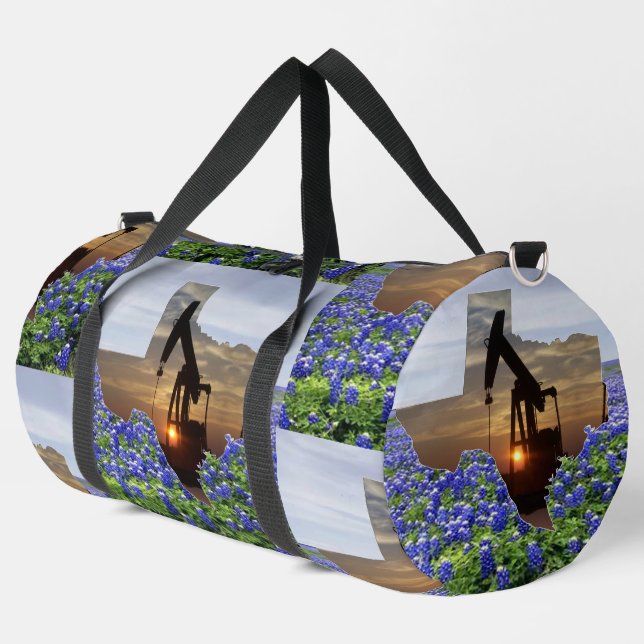 Texas Oil Pump Jack Sunset and Bluebonnets Duffle Bag (Left Corner)