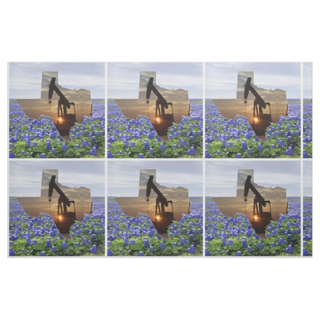 Texas Oil Pump Jack Sunset and Bluebonnets Fabric (Fat Quarter)