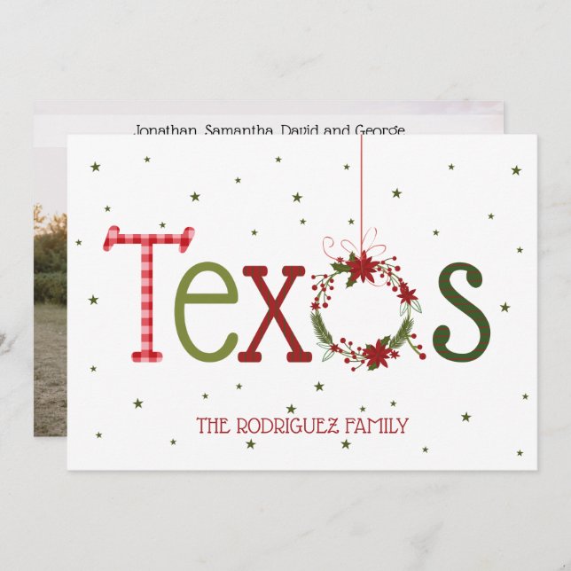Texas Patterned Letters and Poinsettia Wreath Holiday Card (Front/Back)