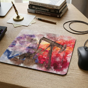 Texas Pumpjack Watercolor with Texas Flag Art Mouse Pad