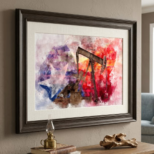 Texas Pumpjack Watercolor with Texas Flag Art Photo Print